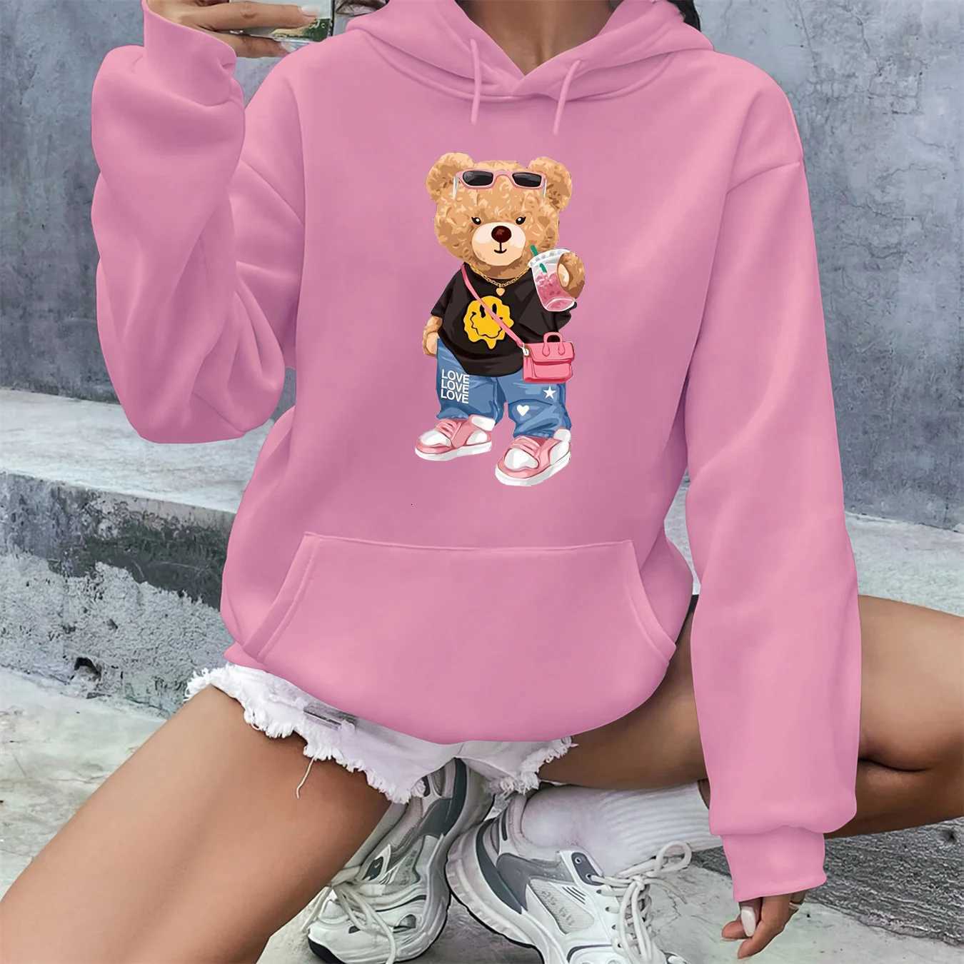 Womens autumn and winter fashion casual loose cartoon bear print round neck long sleeved drawstring hooded pulloverT251105