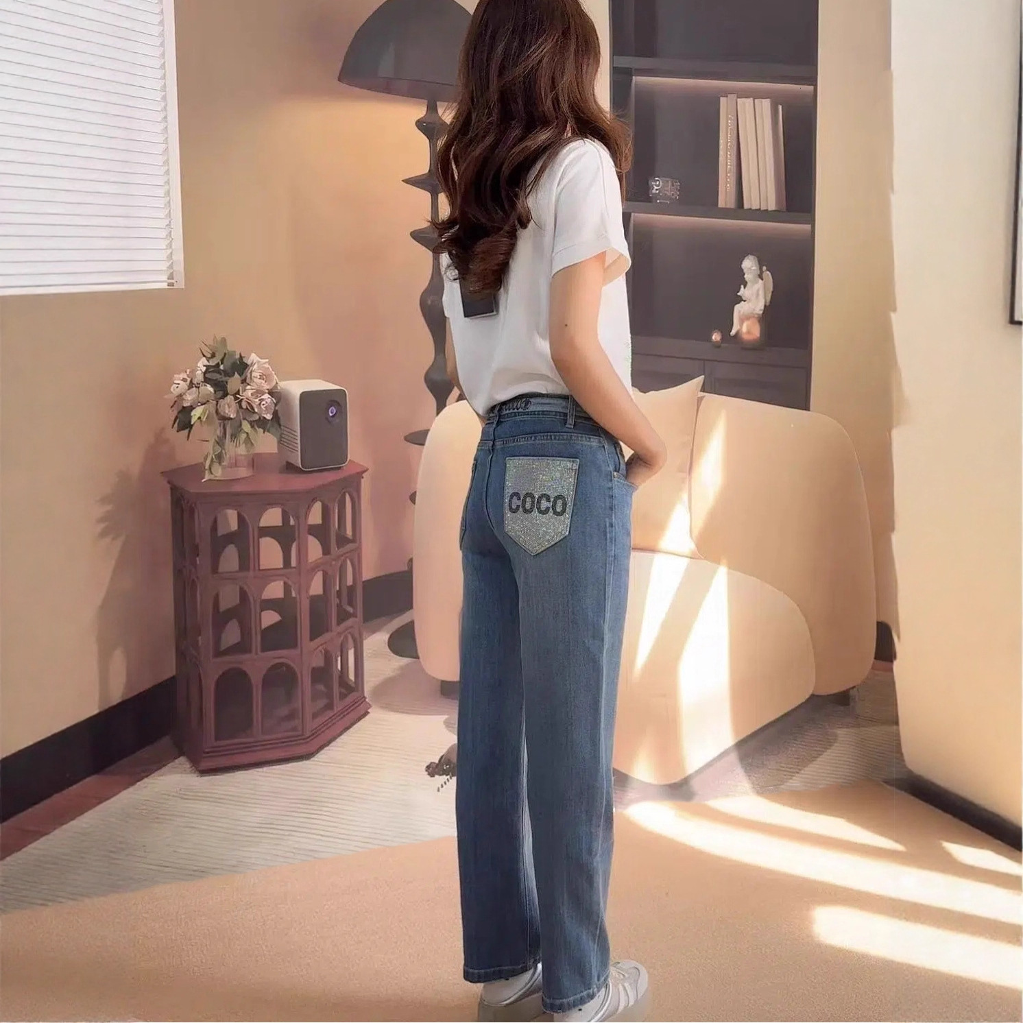 Spring Autumn Wide-Leg Jeans for Women, Slimming High-Waisted Narrow Pants, Vintage Washed and Distressed, Leg-Lengthening Straight-Leg Pants ddmymoon