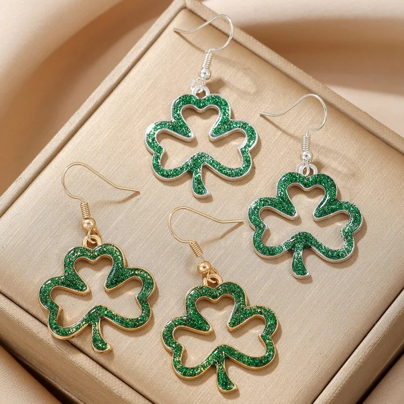 2025 2 Pair St Patricks Day Earrings Green Clover Pendant 250326