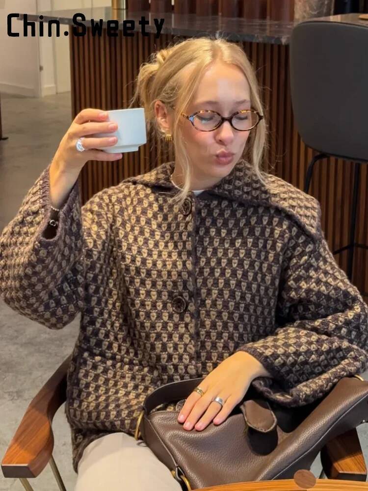 winter jacket women Fashion Caramel Lapel Plaid Knit Cardigan Women Loose Single Breast Pocket Warm Coat Autumn Lady Korean Style Knitwear New