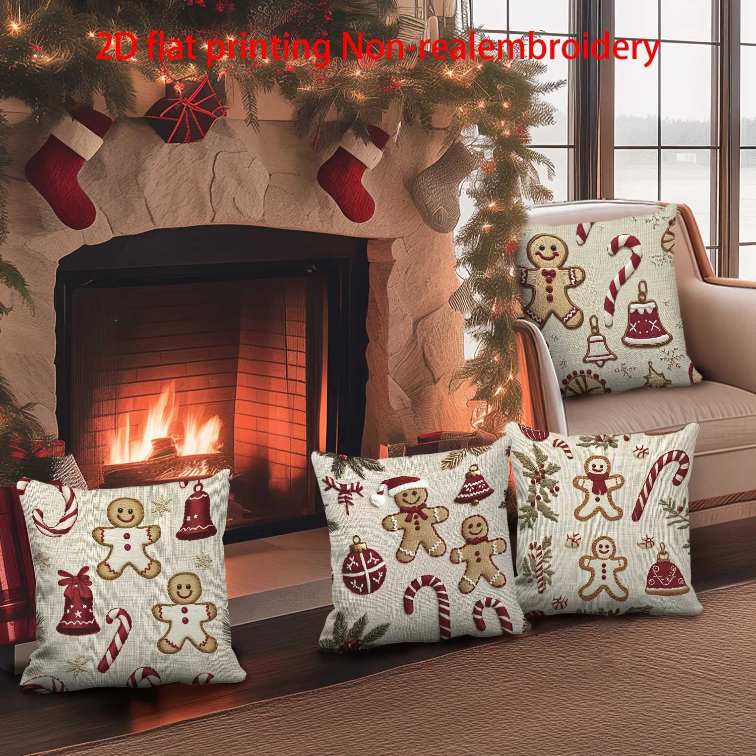 4pcs Christmas Gingerbread Pillow Covers Bell Candy Cane Print 2D Polyester Zipper Closure for Sofa Decor Y251105