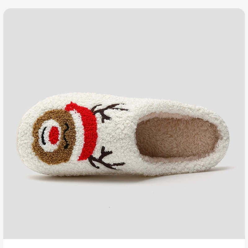 Christmas Women Warm Fashion Slippers Men Cute Santa Claus Embroidery Pattern Slides Couples Furry Sandals Family Plush Shoes 251031