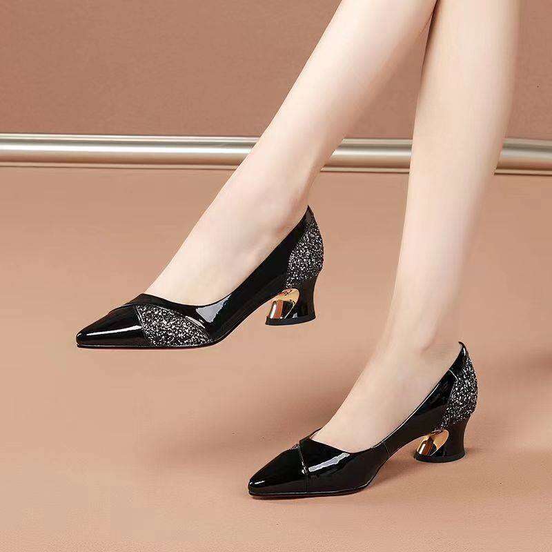 Real leather, pure leather work shoes, middle new versatile, thick heel, soft sole, pointed shallow mouth single shoe, women's spring