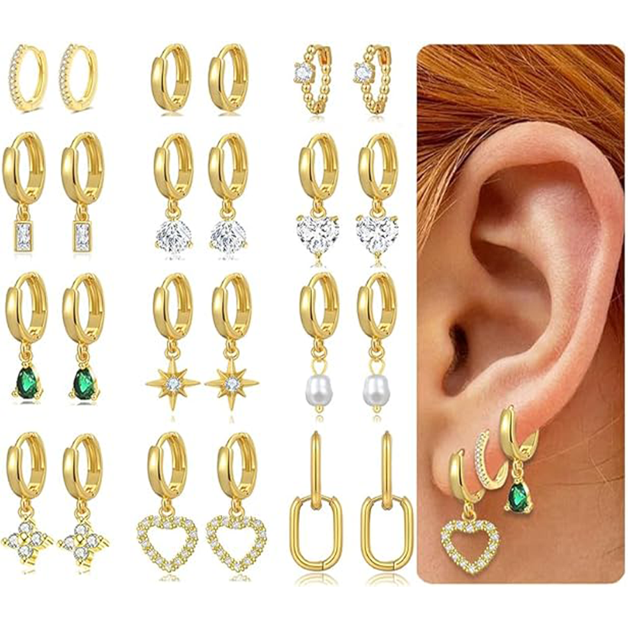 Huggie Hoop Earrings 18K Gold Plated Small Dangle Hoop Earrings Heart Pearl Star Flower CZ Cartilage Earring Sets for Multiple Piercing Stacks Stud Ho