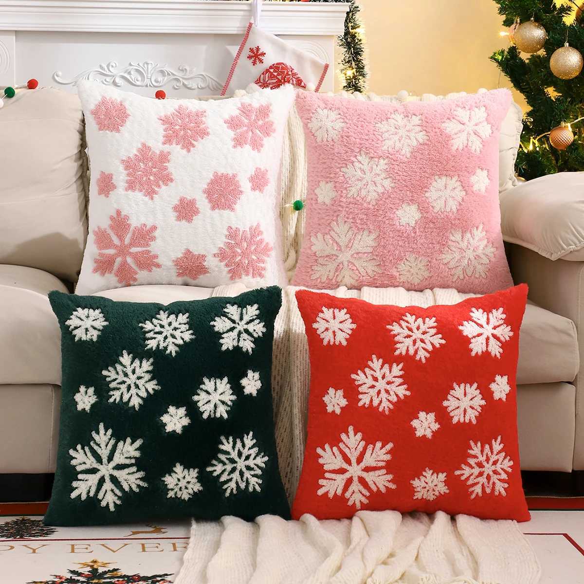 1 PC Christmas Throw Pillow Cover Plush Embroidery Snowflake Christmas Decoration Living Room Y251105