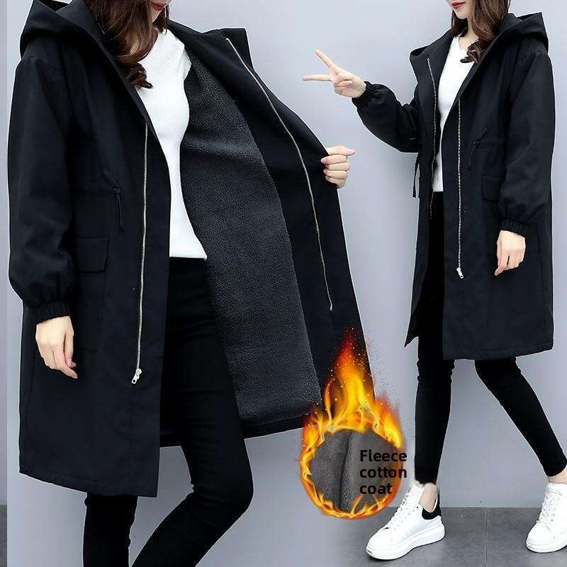 Fleece-Lined Thickened Trench Women, Mid-Length Jacket Autumn And Winter , Hooded Coat For Students, Korean Style Loose Cotton Clothing B5