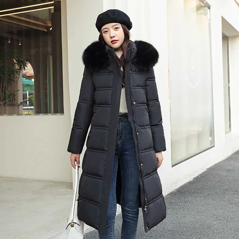 Women Cotton-padded Jacket With Fur Hooded Long Bubble Coat Female Winter Warm Parkas Outerwear Puffer Overcoat with BeltT251105