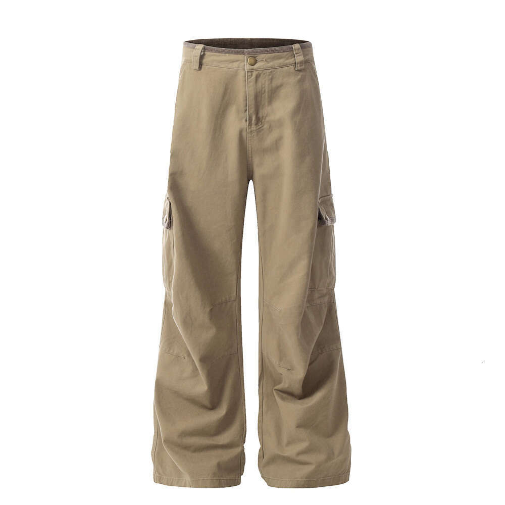 Trendy Brand Workwear Wide-Leg Men's Vibe American Retro Pleated Knee Design Solid Color Loose Flared Pants