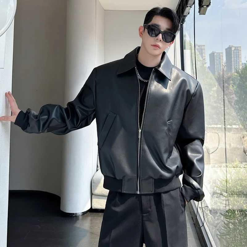 IEFB High Strt Mens PU Leather Coats Lapel Solid Color Casual Clothing Silhouette Loose All-match Male Jackets Autumn 9X914 C251105