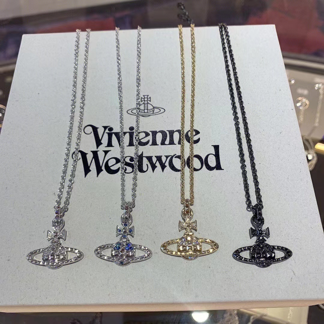 Designer Viviennen West Wood Saturn High Version Western Empress Dowager Rivet Deep Blue Diamond Saturn Necklace Female Niche Design Diamond Planet Clavicle Chain