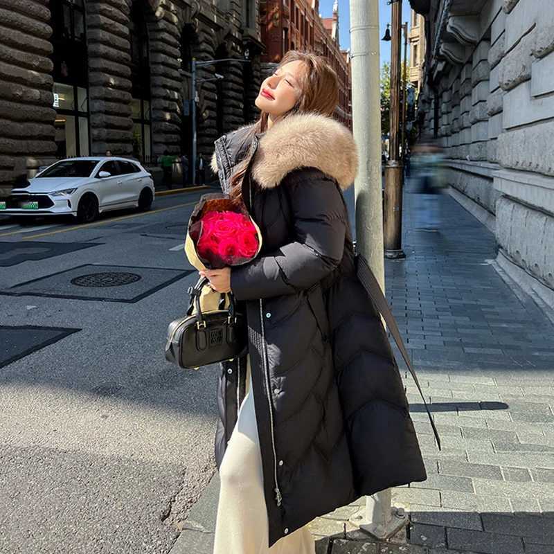 Winter Big Fur Collar Hooded Down Jacket Cotton Coat Women Long Parkas Thicken Warm Cotton-padded Jacket Coats Zipper OvercoatT251105