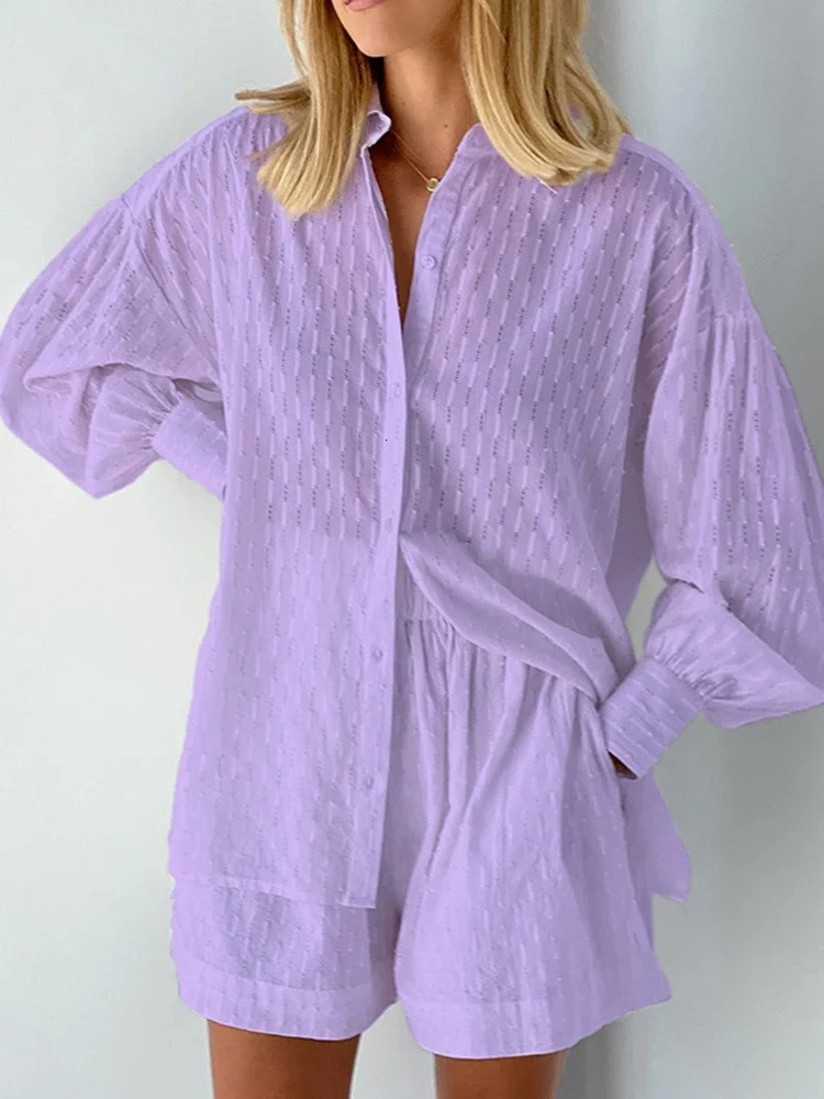 Casual Jacquard Shorts Set Womens Summer Loose Long Sleeve Shirt 2-piece Set Hawaiian Style Shorts 2-piece Set 250402