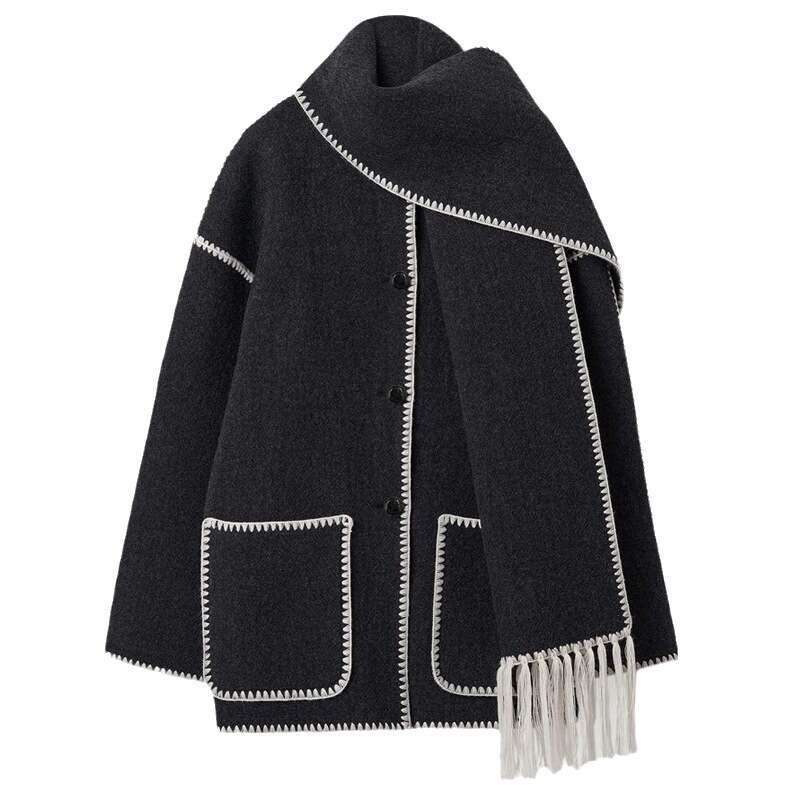 2025 Autumn Winter New Fashion Woolen Coat Thick Loose with Scarf Tassel Women's Style