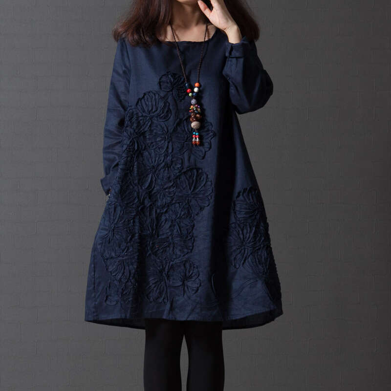 Plus Size Women's Clothing Artistic Style Fresh Loose Embroidered Long Sleeve Cotton Linen Dress Trendy B5