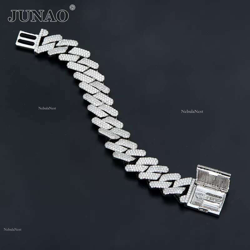 JUNAO 20mm Width Sier Rose Gold Plated Brass Chain Hip Hop Cuban k Dia Bracelet Necklace Jewelry for Men and Women
