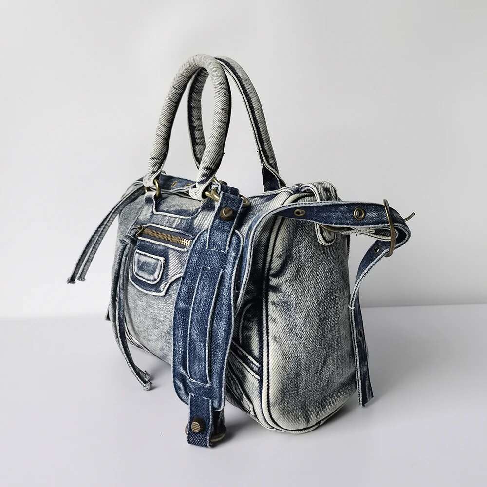 Motorcycle Retro Washed Denim Splicing Tassel Shoulder Handheld Crossbody Bag Vintage Youth Women's Bags Fashion Party 2025