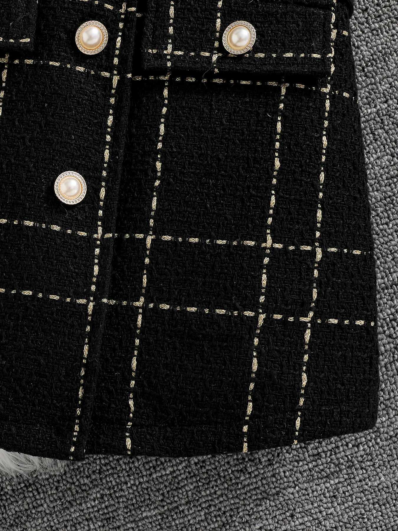 Spring and autumn Fashion Kids 2-piece ceremonial dress for cute girls Solid color crew neck shirt plaid lapel skirt suit Y251105