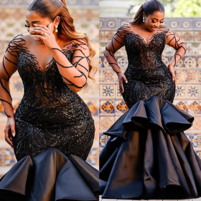 Black Mermaid Prom Dresses Sheer Jewel Neck Illusion Full Sleeves Sequined Appliqued Evening Gowns Plus Size African Girls Special Occasion Robes de s