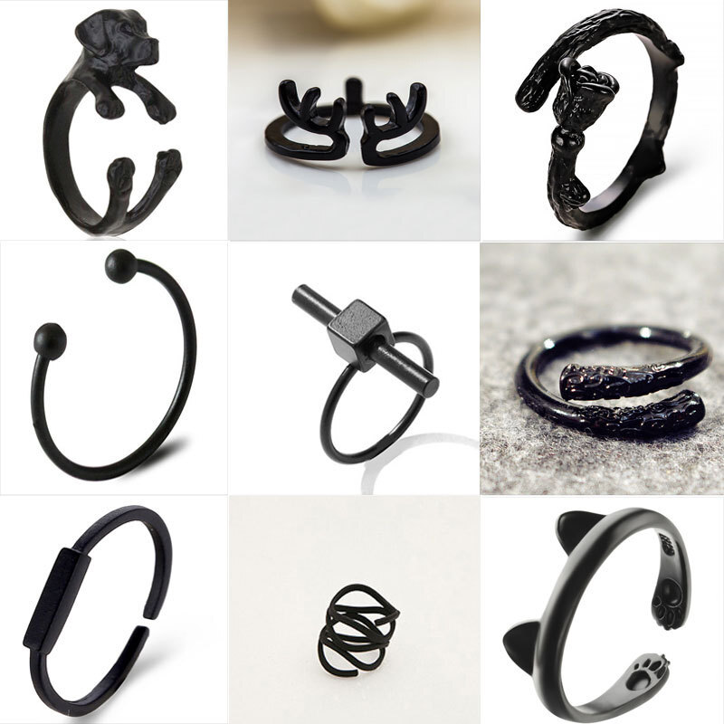 Korean Geometric Cat Paw Alloy Black Wrapped Animal Ring Fashion Creative Open Hand Jewelry for Women