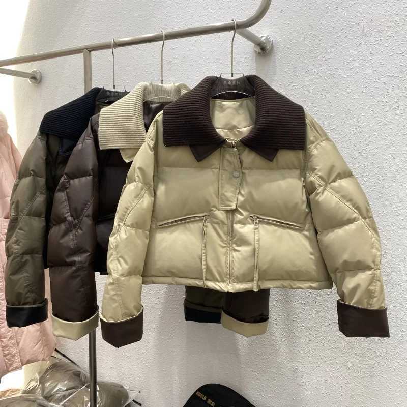 Winter Big Lapel Knitted PU Splicing Down Jacket Female Zipper Pocket Puff Quilted Jackets Women White Duck Down Parker OutwearsT251105