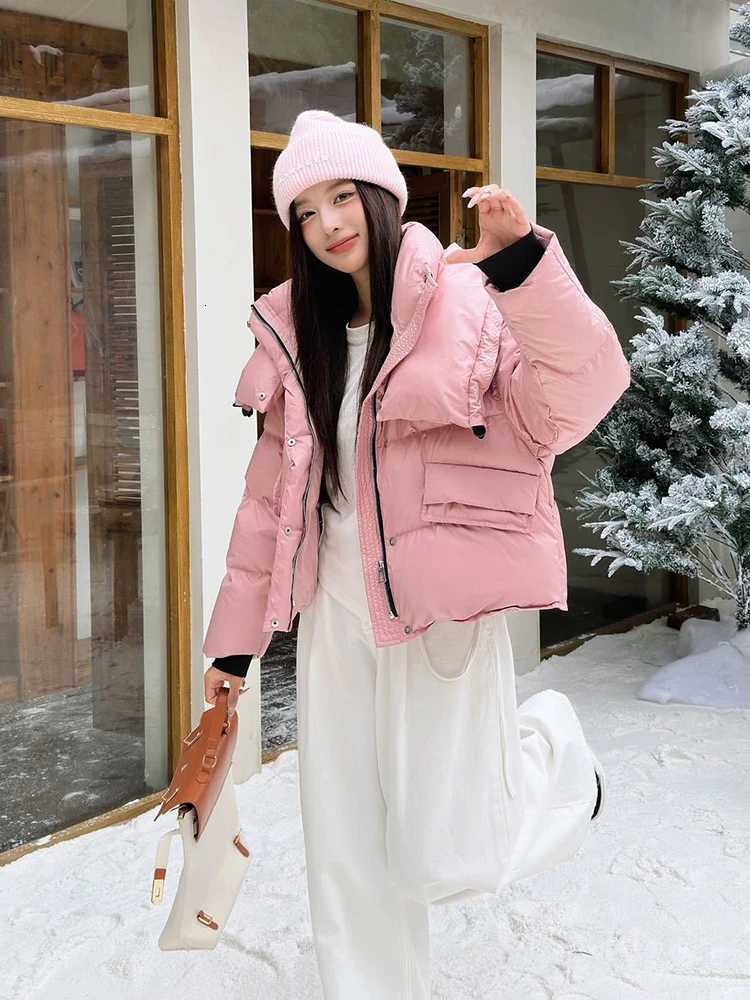 Winter Short Fluffy Big Lapel Warm Down Jacket Women White Duck Down Zipper Parker Outwears Female Solid Thicken Puff JacketsT251105
