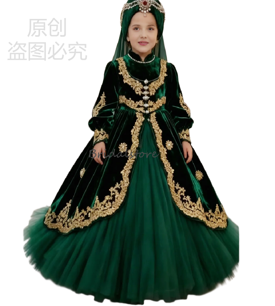Vintage Green Moroccan Flower Girls Dress With Gold Lace Caftan Long Sleeve Velvet Abaya Girls Pageant Dress Birthday Toddlers Birthday Kids Quinceane