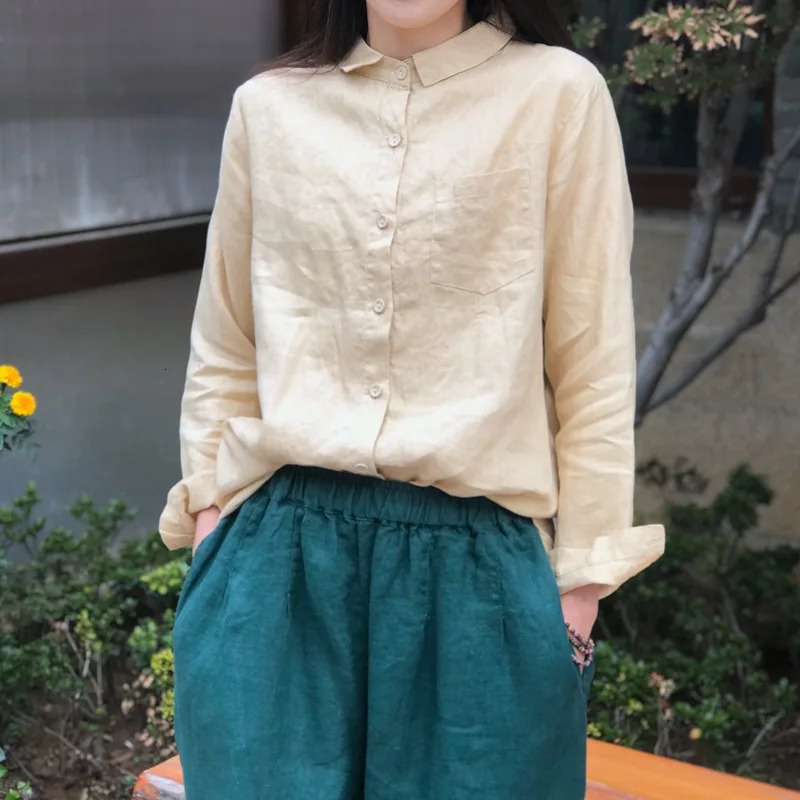 Johnature Women Linen Shirts Solid Color Blouses Autumn Turn-down Collar Button Female Long Sleeve Casual Shirts Tops 250402