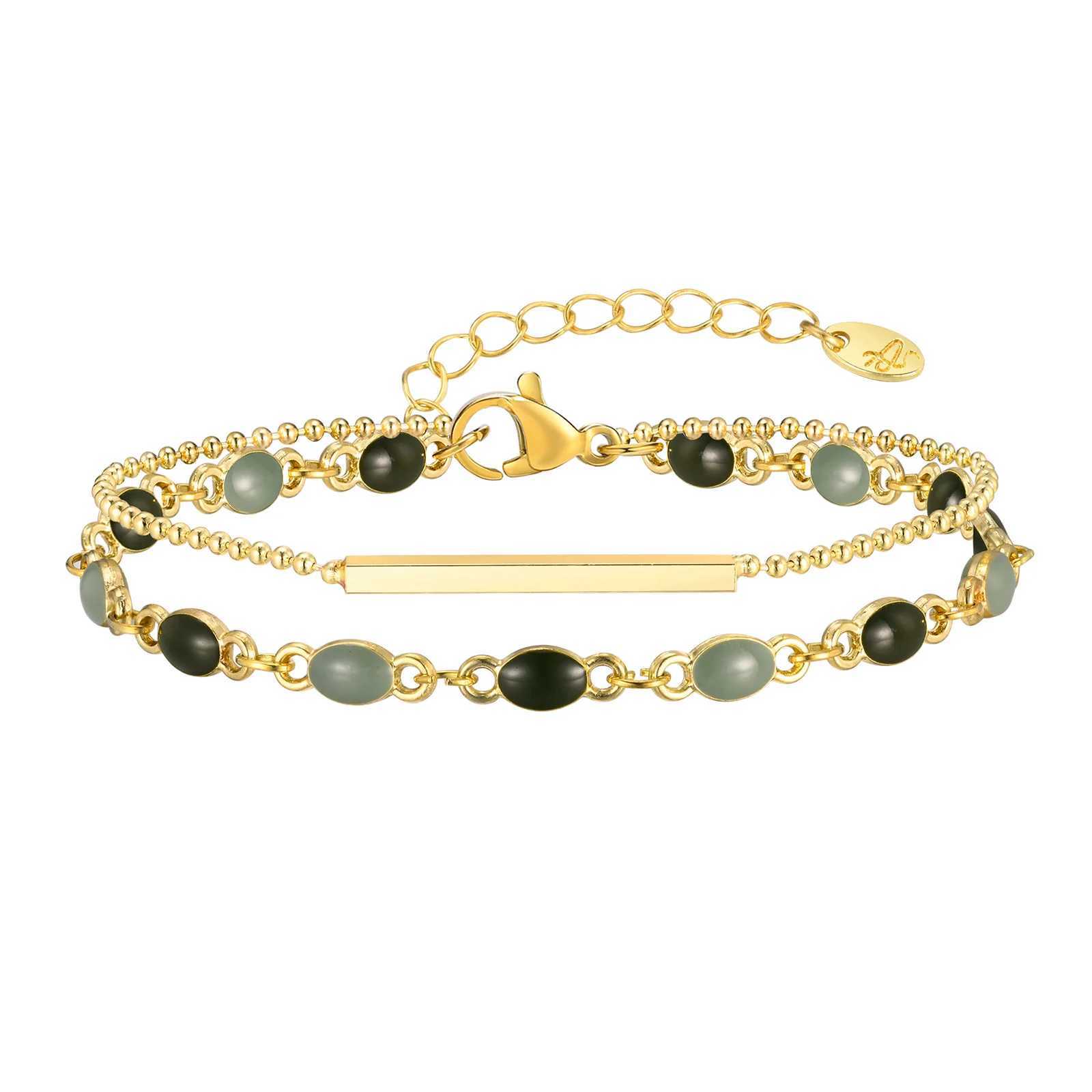 Vintage Double Layer Green Oil Dropping for Women 18k Gold Plated Beaded Chain Wristband C251105