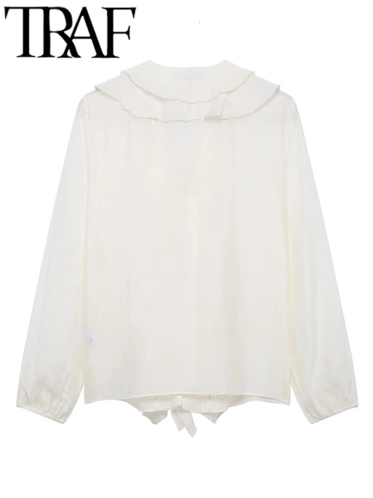 TRAF ROBE Y2K Lightweight Women Casual Blouse 2025 Summer Semi Sheer Tierred Ruffles V Neck Long Sleeve Fitted Shirt Female Top 250402