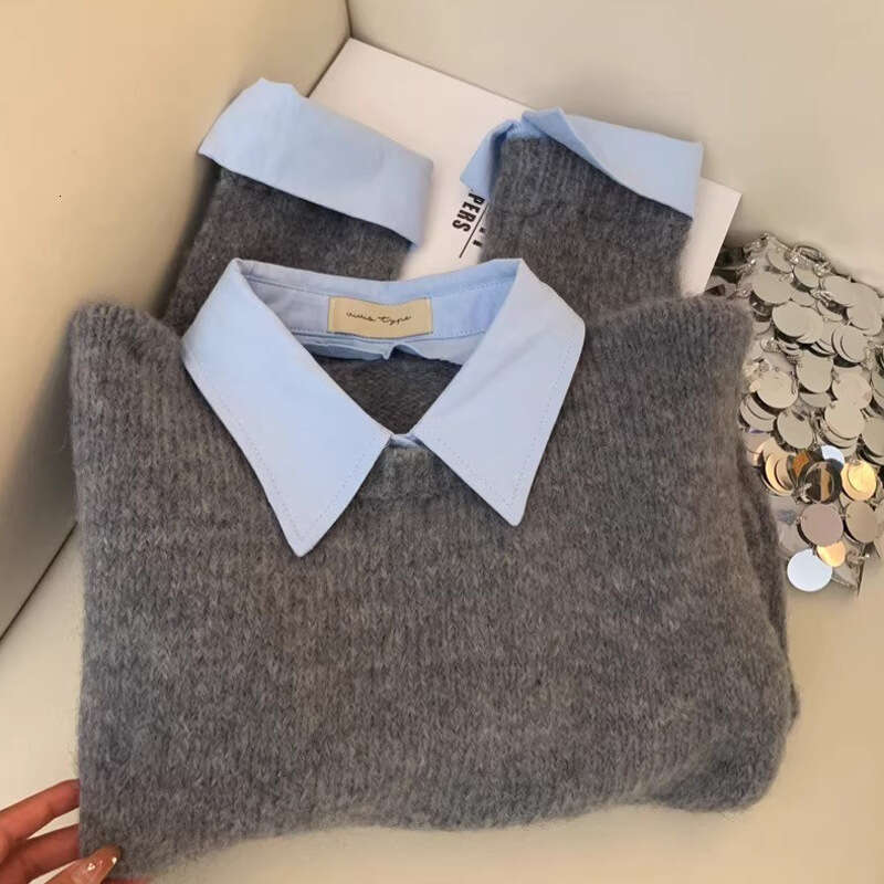 Fake Two-Piece Shirt Collar Sweater For Women, New Autumn Lazy Style, Color-Block Turn-Down Collar, Gray Knitted Top B5
