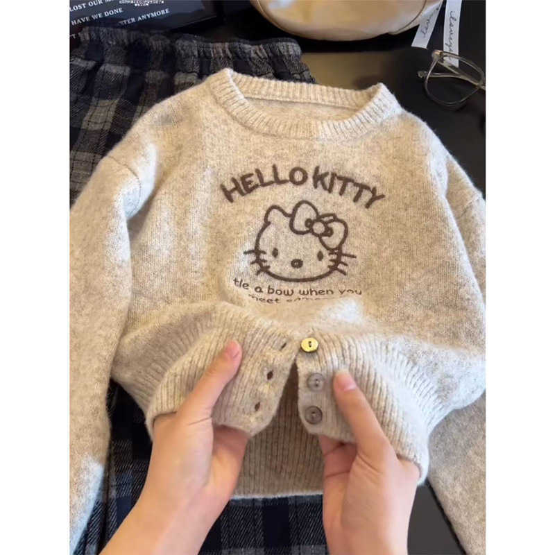 Sanrio Girls Sweater Autumn 2025 New Korean Style Hello Kitty Knitted Sweater Autumn Childrens Knitwear Coat Top H251105