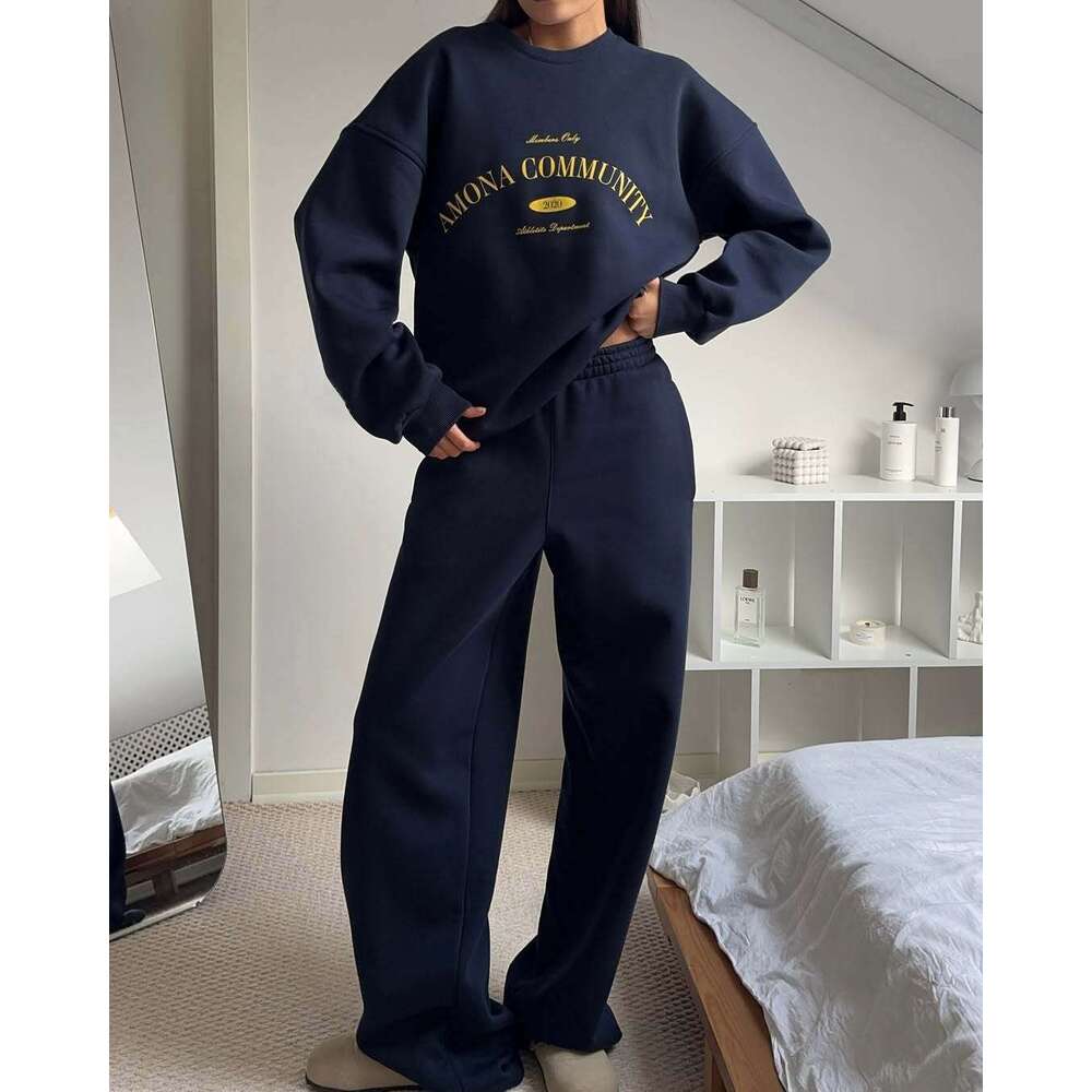 Casual American Retro For Women Street Style Letter Print Loose Round Neck Sweatshirt And Long Pants Two-Piece Set B5