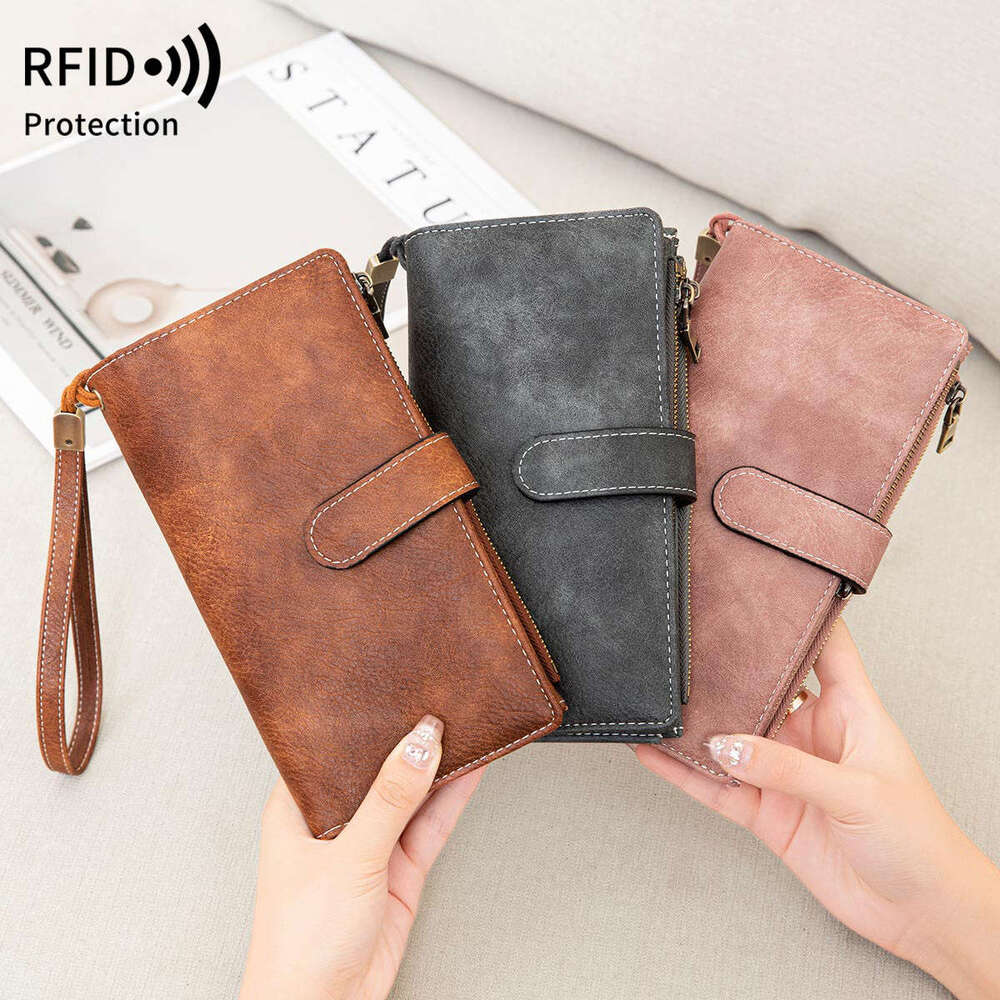 Cross-Border New RFID Long Retro Multifunctional Women's Wallet Solid Color Portable Large Capacity Clutch