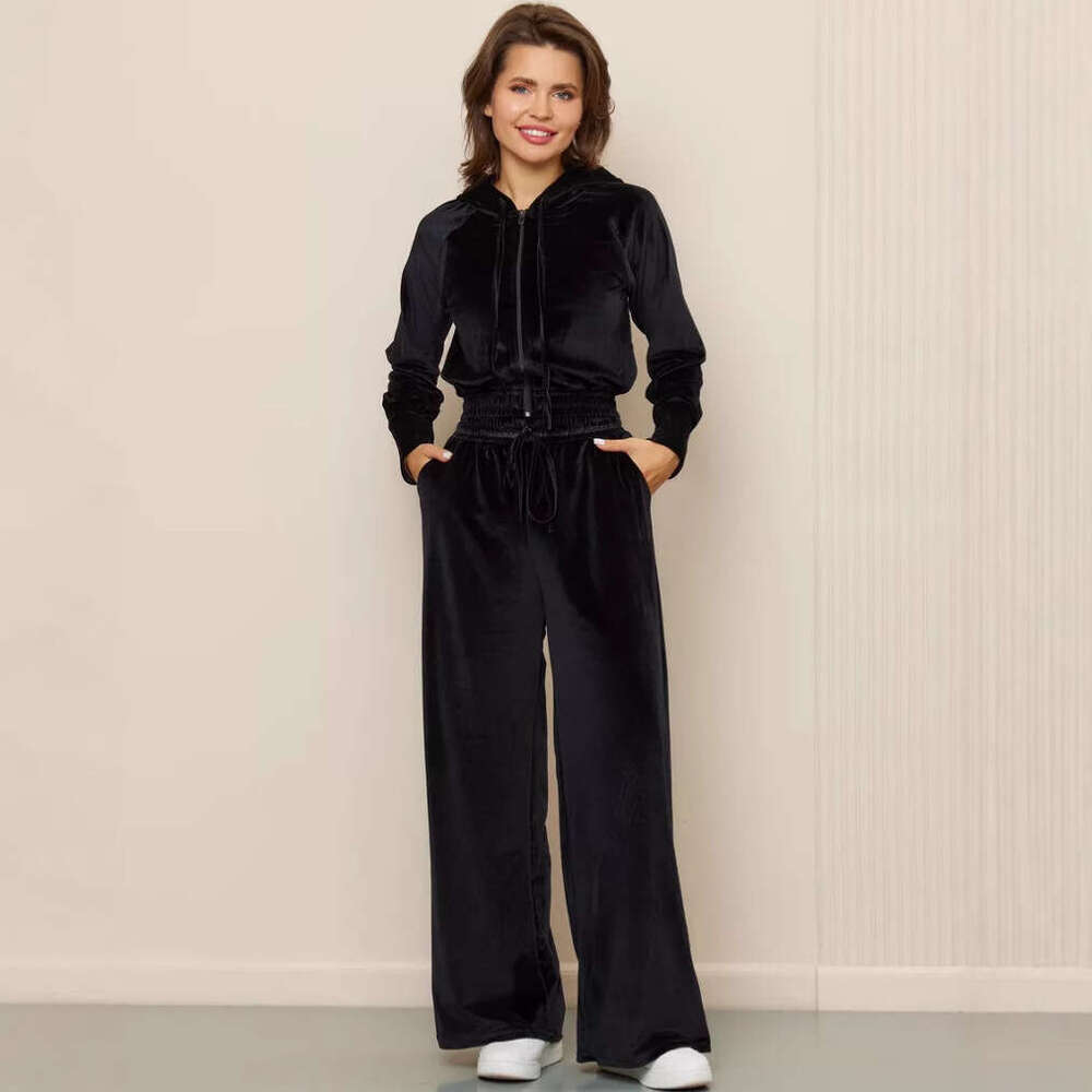 European And American Fashion Casual Women's Solid Color Zipper Cardigan Silver Fox Fleece Sweatshirt Tie Pants Two-Piece Set B5