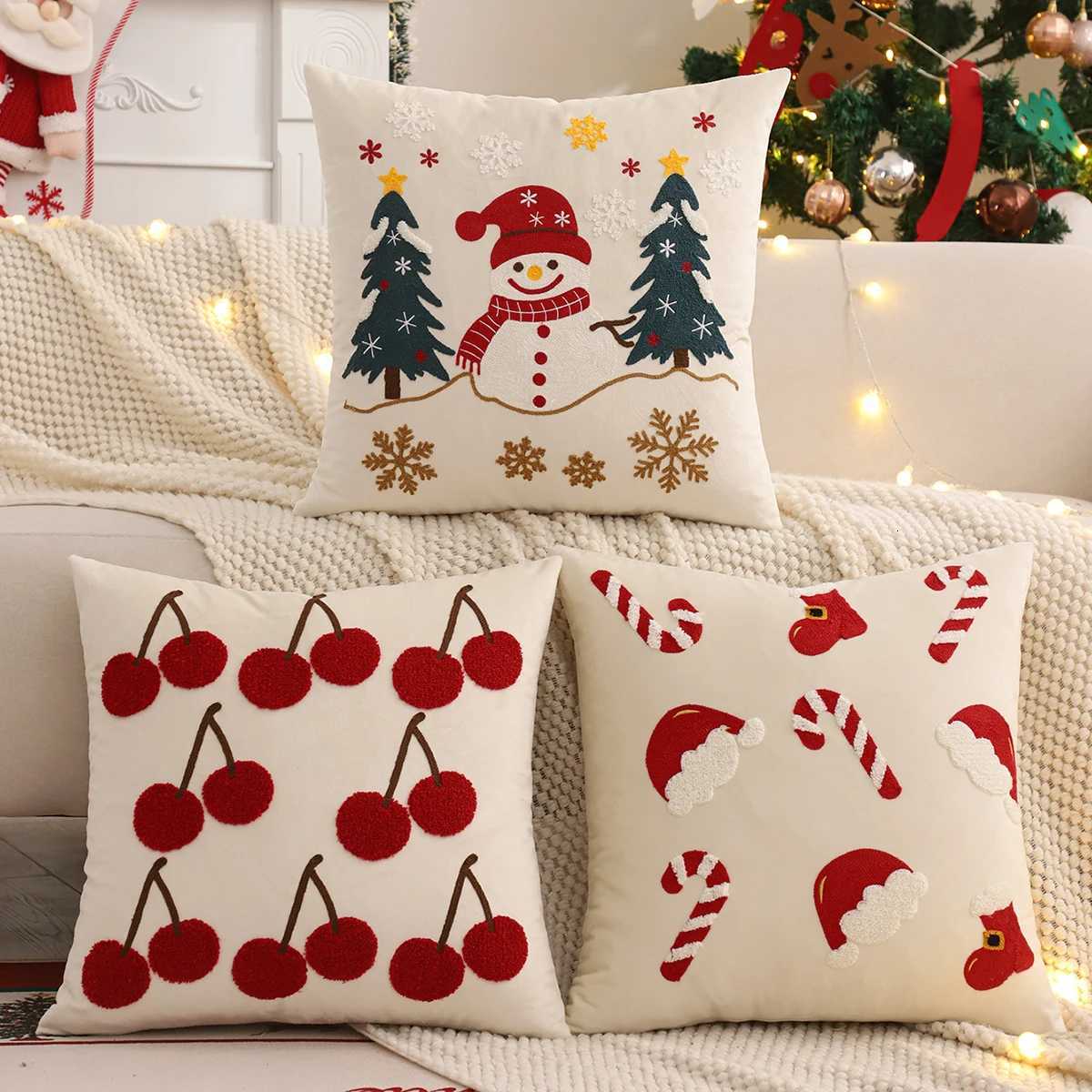 Embroidery Throw Pillow Cover Christmas Decoration Velvet Soft Christmas Tree Hat Cherry Winter Farmhouse Home Sofa Living Room Y251105