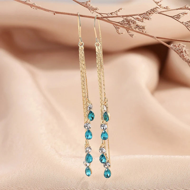 Temperament Green Zircon Drop Earrings For Women Korean Fashion Long Tassel Rhinestone Earring Wedding Party Jewelry 251131