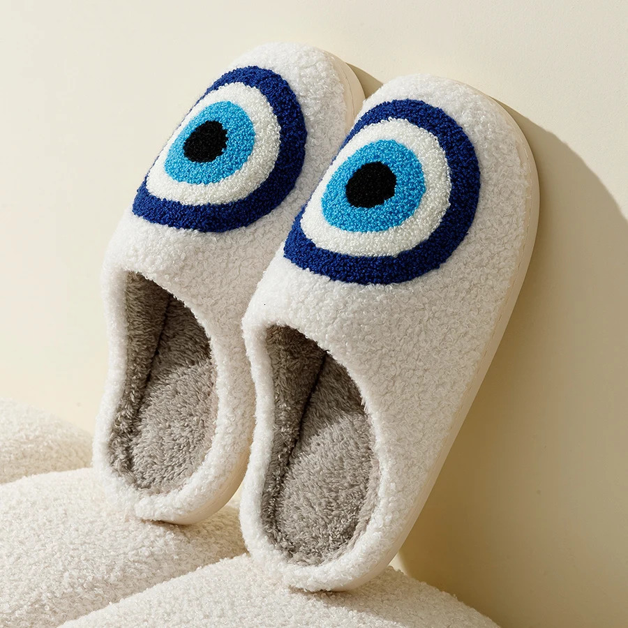 Evil Eyes Blue Embroidery slippers High Quality Women Men Slippers Fashion Pattern Shoes Warm Home Devils Eyes Houseshoes 251031