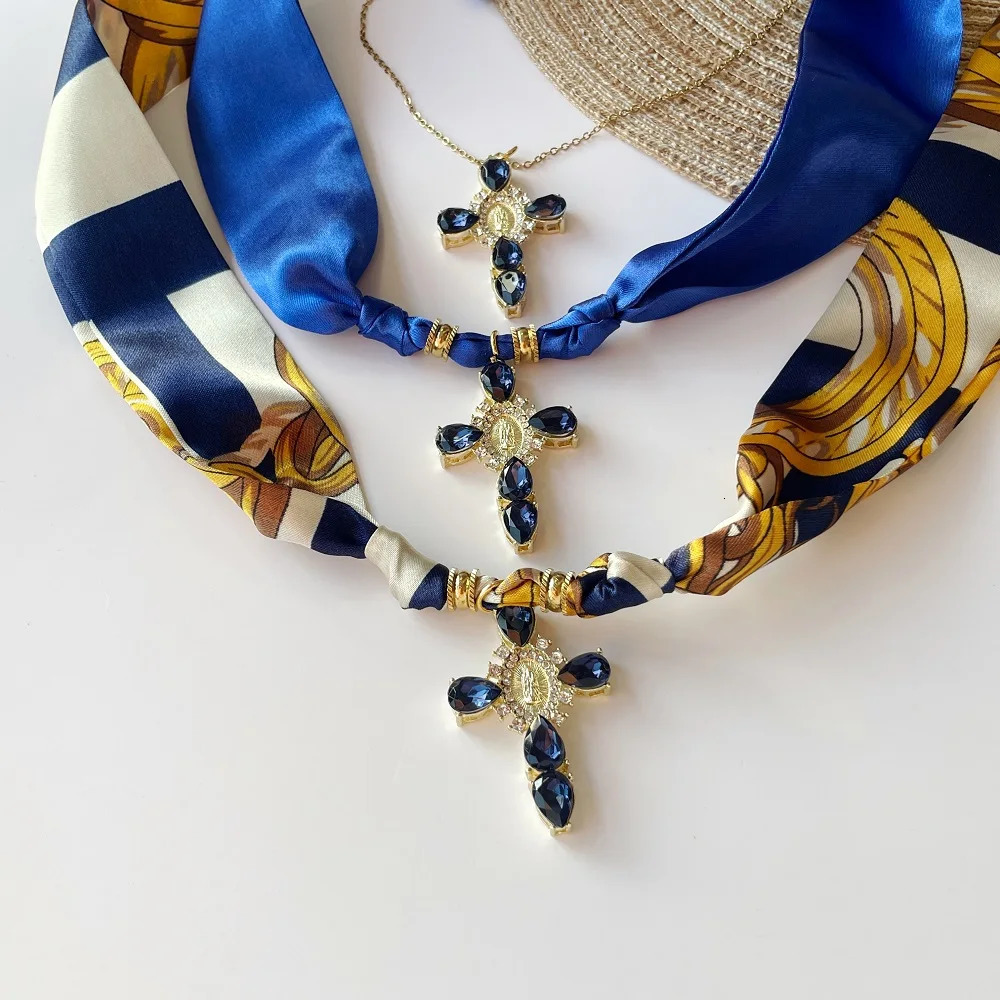Blue Navy Pink Cross Bandana Necklace Rhinestone Cross with Virgin Mary Medallion Fashion Adjustable Scarf Chocker 251031