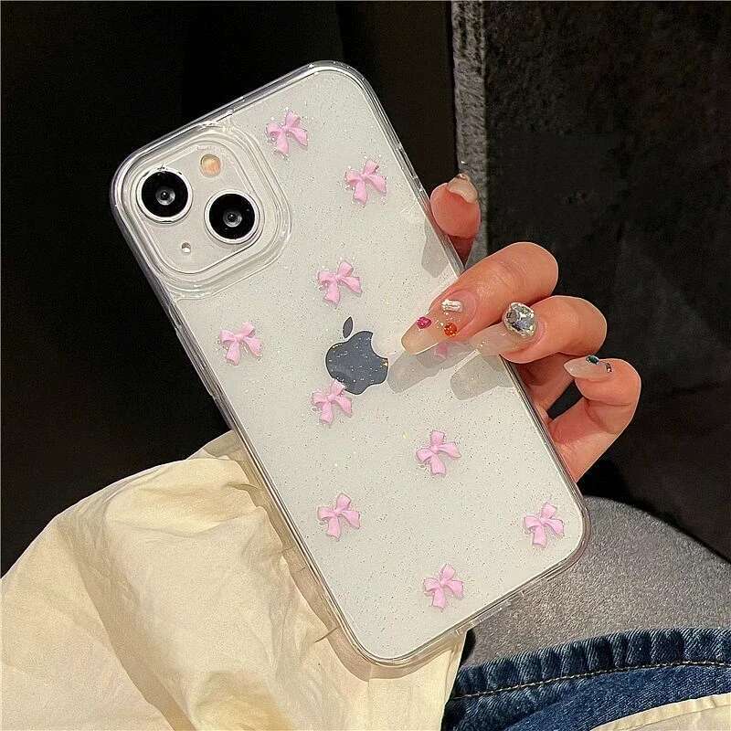 Cute Korea Girl Pink Bowknot Phone Case For iPhone 16 15 14 13 12 11 Pro Max X XS XR 7 8 Plus 16E Clear Soft Shockproof Cover