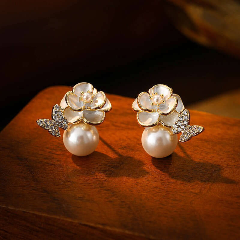 Fashionable High-end Glass Pearl Earrings Micro-inlaid Butterfly Enamel Camellia Design Studs Exquisite Light Luxury Ear Jewelry