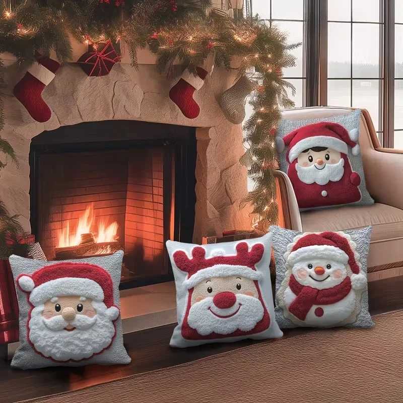 Christmas Cushion Cover 2D Santa Reindeer Pattern Soft Plush Pillow Case Living Room Sofa Decor Plush Pillowcase Christmas Decor Y251105