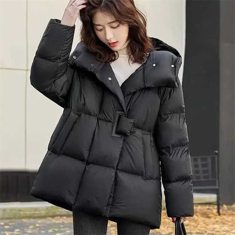 Women Down Jacket Hooded Loose Puffer Casual Warm Autumn Winter Outwear White Duck Down Cotton Stand Collar Coat 2025T251105