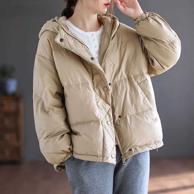 Korean Style Coat Women 90 White Duck Down Jacket Loose Casual Over Size Autumn Winter Warm Outwear with Hood JacketsT251105