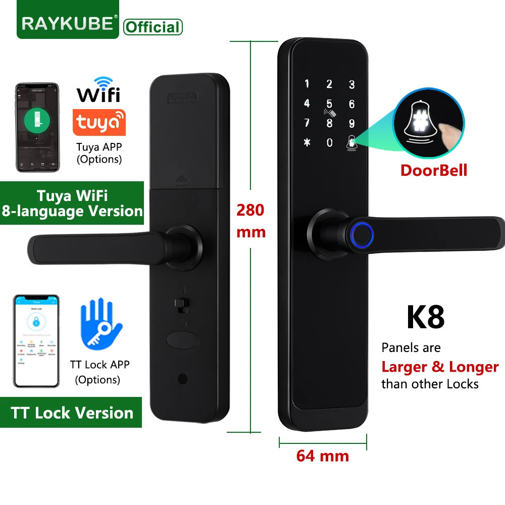 RAYKUBE K8 Smart Door Lock TTlock Bluetooth / Tuya Wifi Fingerprint Password 13.56MHZ IC Card Keyless Smartlife Home 250402