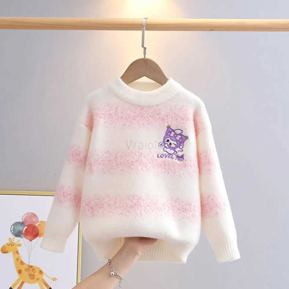 Sanrio Kuromi Girls Knitted Sweater Gradient Stripes Base New Style Kawaii Autumn Winter Childrens Pullover Cartoon Tops Coats H251105