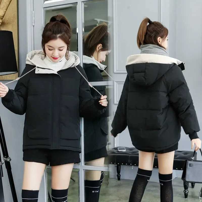 Womens Winter Jacket Cotton Padded Short Coat Ladies Students Long Sleeved Hooded Warm OutwearT251105