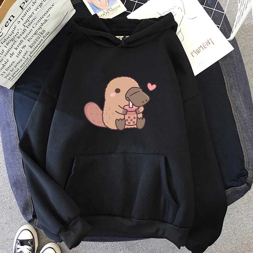 Harajuku Aesthetic Unisex Pullover Sweatshirt Vintage Cute Platypus Loves Drinking Bubble Tea Hoodie Women/men HoodiesT251105