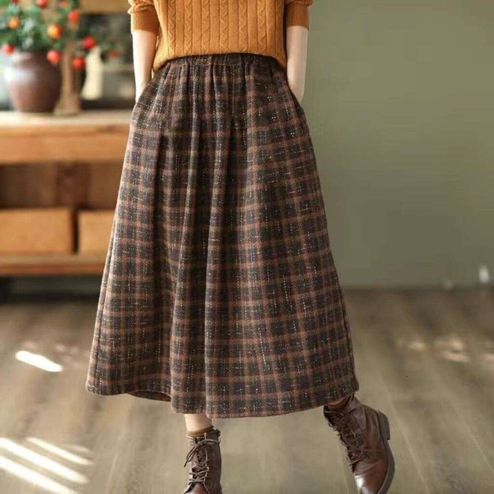 Autumn Winter Plaid Woolen A-Line Elastic Waist Midi Skirt For Women B5