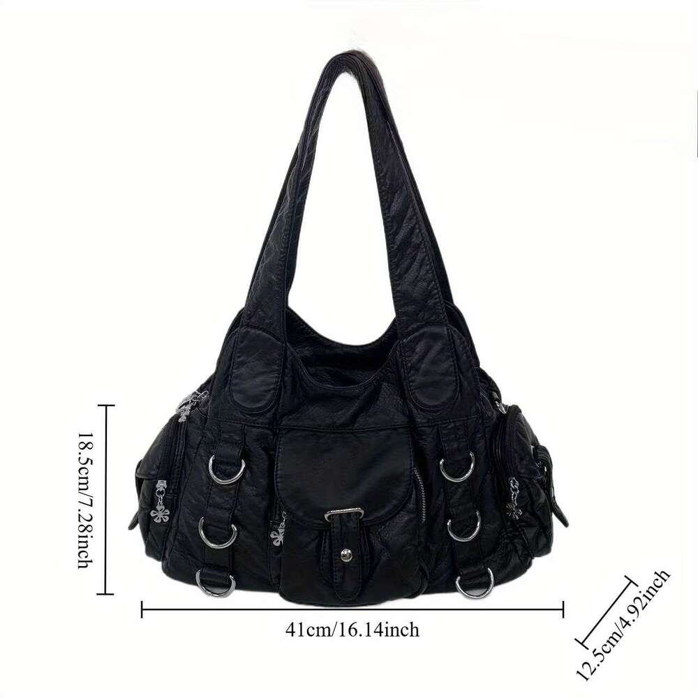 Women Retro Motorcycle Inspired Handbag Large Capacity Multi Pocket Crossbody With Detachable Strap, Golden Tone Hardware White