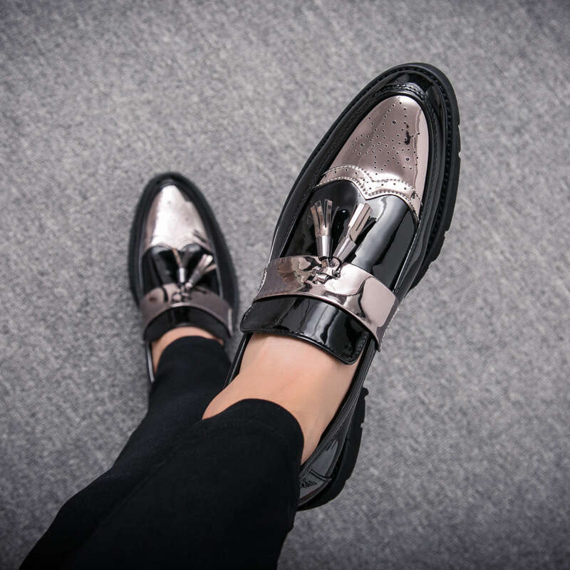 Spring trendy low cut casual leather shoes, oversized youth round toe tassels, high height men's shoes